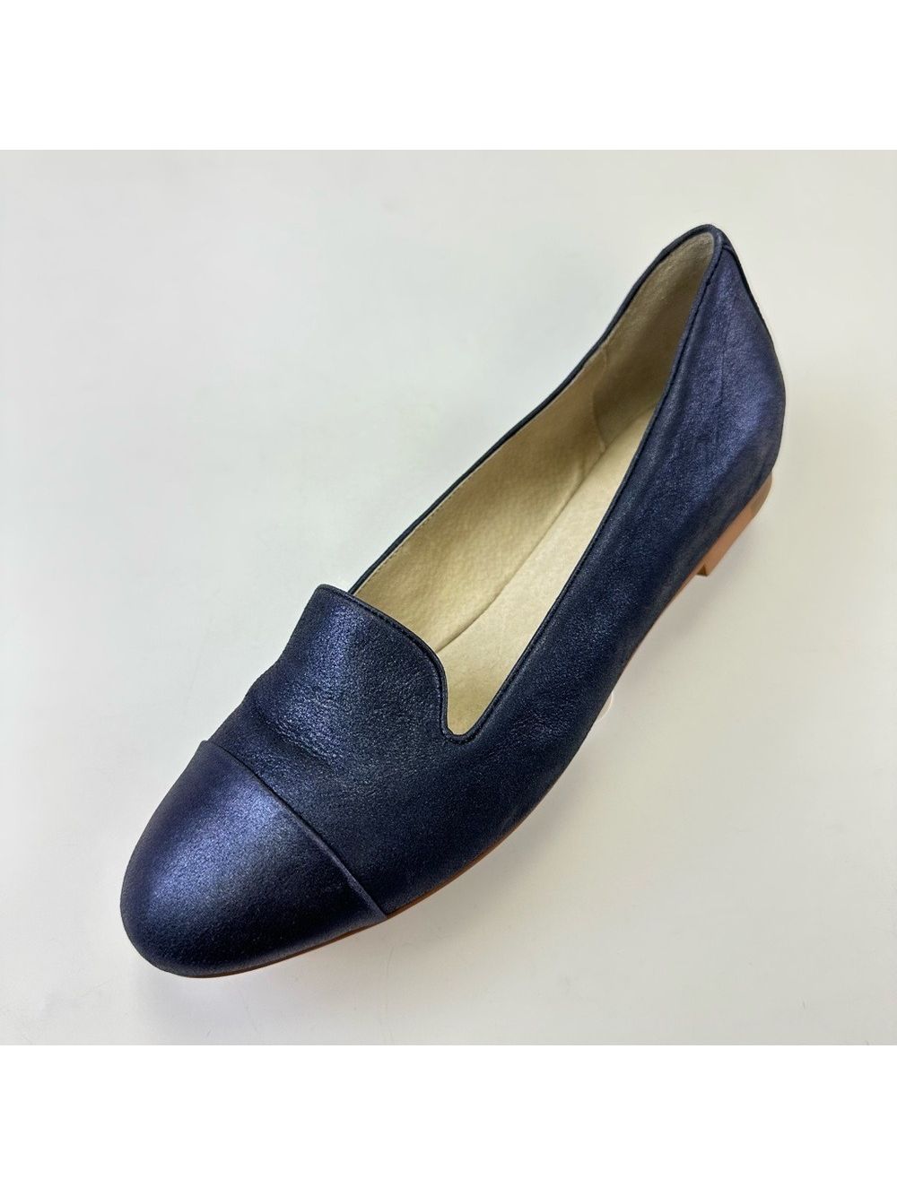 Joseph Seibel Navy Metallic Slip On Loafer Size 41 Ballet Flat Leather Cap Toe